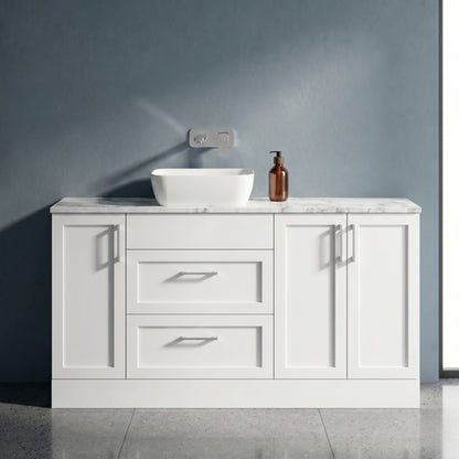 [BFFHR114] Pirehill Traditional Floor Standing 2 Drawer 3 Door Combination Vanity Basin Unit with Worktop and Countertop Vessel, 1500mm, Matt White - Silo