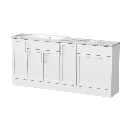 [BFFHR115] Pirehill Traditional Floor Standing 4 Door Vanity Basin WC Unit with Polymarble Basin and Laminate Worktop, 1800mm, Matt White - Cutout
