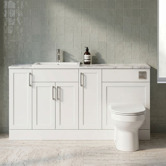 [BFFHR115] Pirehill Traditional Floor Standing 4 Door Vanity Basin WC Unit with Polymarble Basin and Laminate Worktop, 1800mm, Matt White - Silo