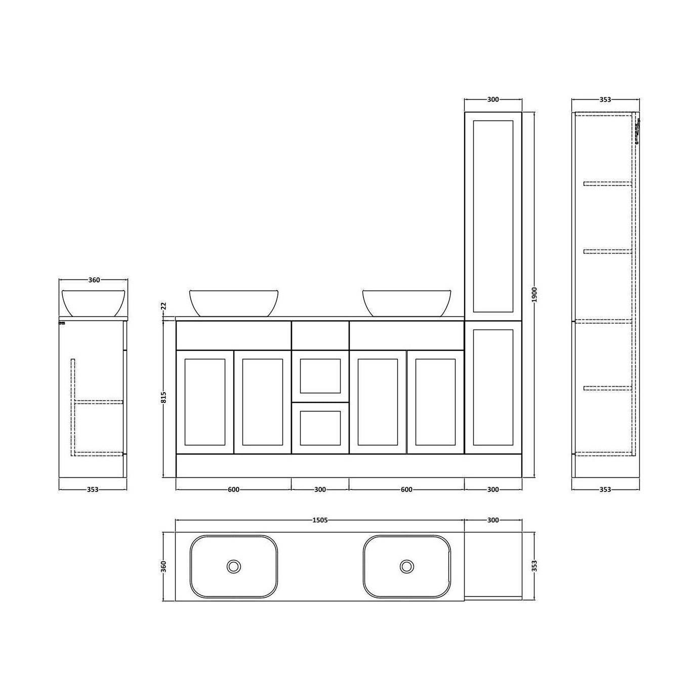[BFFHR116] Pirehill Floor Standing 4 Door 3 Drawer Vanity Combination Unit with Tall Unit, Laminate Worktop and Countertop Vessel, 1800mm, Matt White - Technical Drawing