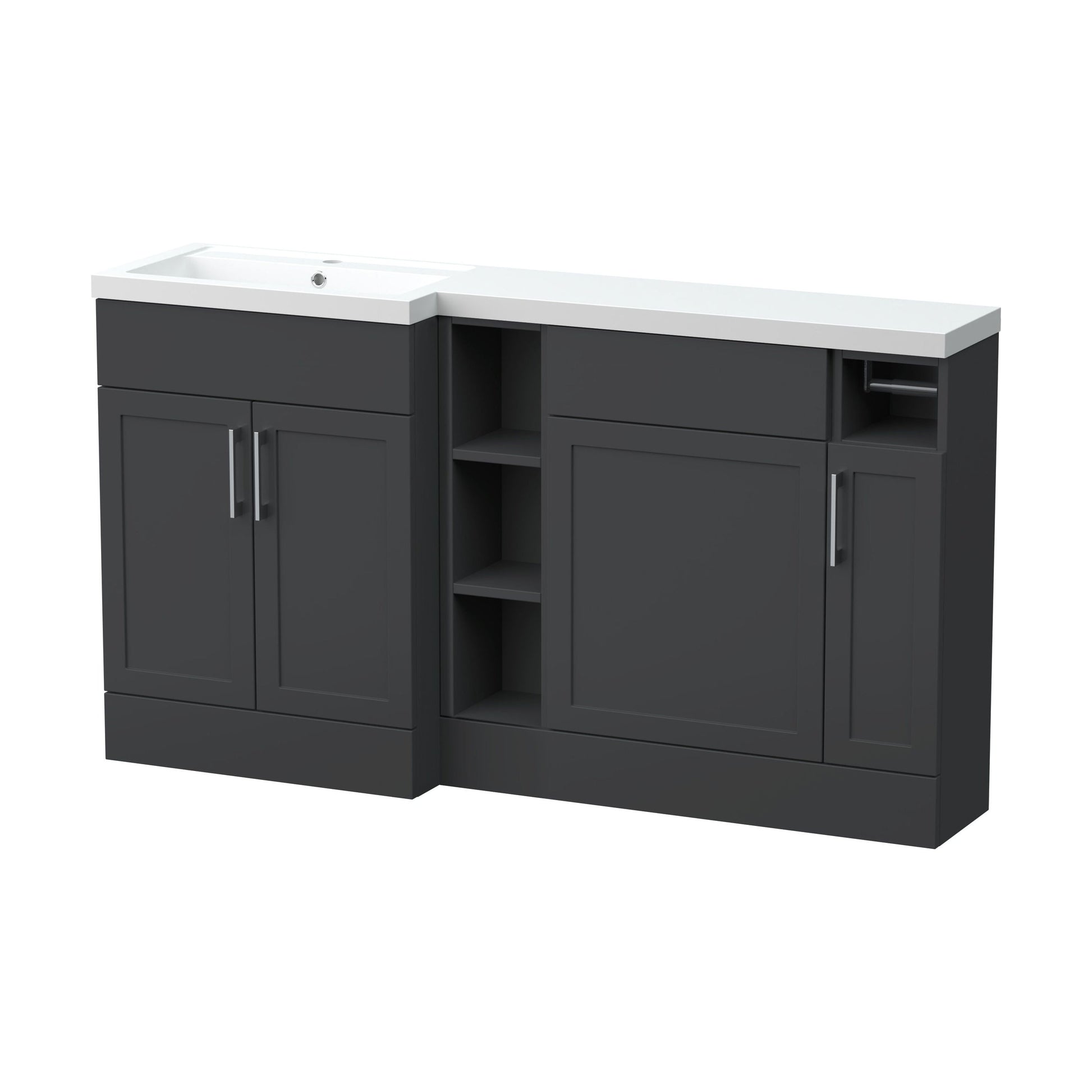 [BFFHR1411L] Pirehill Traditional Floor Standing 3 Door, Open Shelf Vanity Basin WC Unit with Toilet Roll Holder and Polymarble Basin, 1500mm, Left Hand, Dark Grey - Cutout