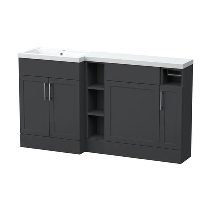 [BFFHR1411L] Pirehill Traditional Floor Standing 3 Door, Open Shelf Vanity Basin WC Unit with Toilet Roll Holder and Polymarble Basin, 1500mm, Left Hand, Dark Grey - Cutout