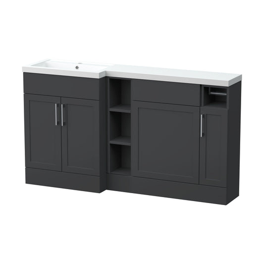 [BFFHR1411L] Pirehill Traditional Floor Standing 3 Door, Open Shelf Vanity Basin WC Unit with Toilet Roll Holder and Polymarble Basin, 1500mm, Left Hand, Dark Grey - Cutout