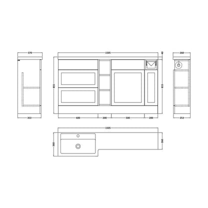 [BFFHR1411L] Pirehill Traditional Floor Standing 3 Door, Open Shelf Vanity Basin WC Unit with Toilet Roll Holder and Polymarble Basin, 1500mm, Left Hand, Dark Grey - Technical Drawing