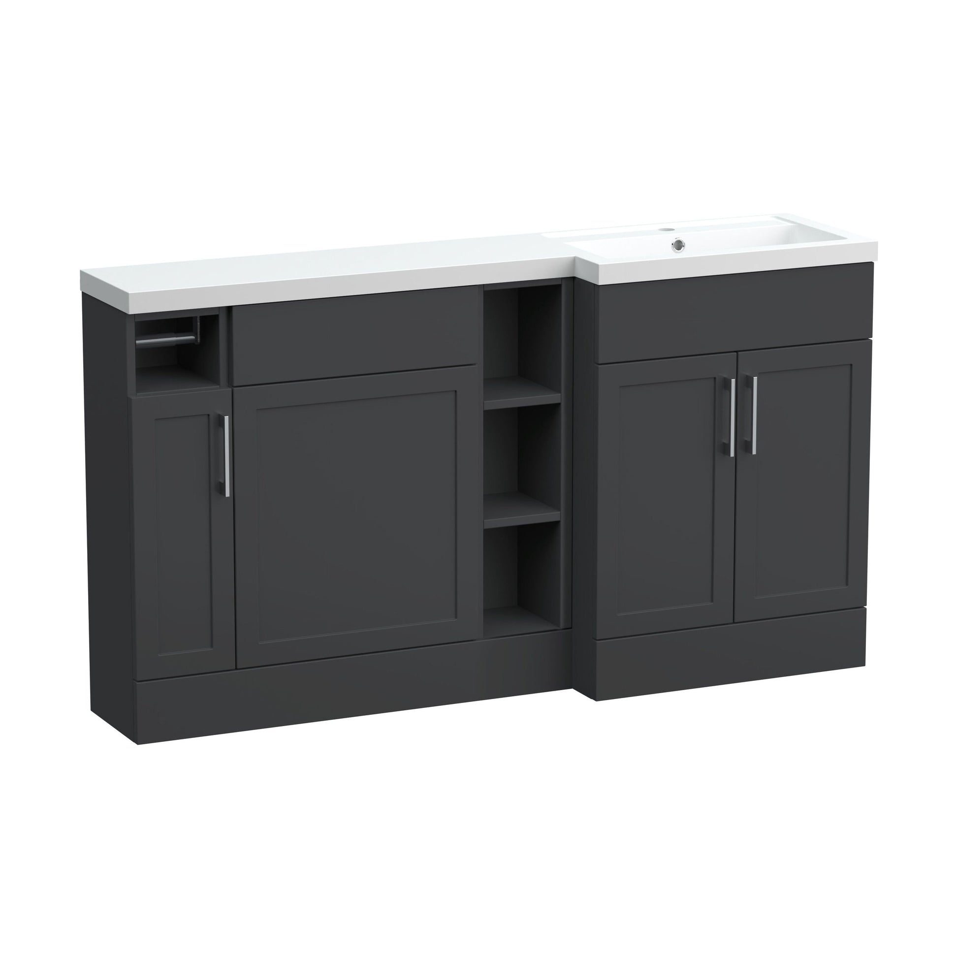 [BFFHR1411R] Pirehill Traditional Floor Standing 3 Door, Open Shelf Vanity Basin WC Unit with Toilet Roll Holder and Polymarble Basin, 1500mm, Right Hand, Dark Grey - Cutout