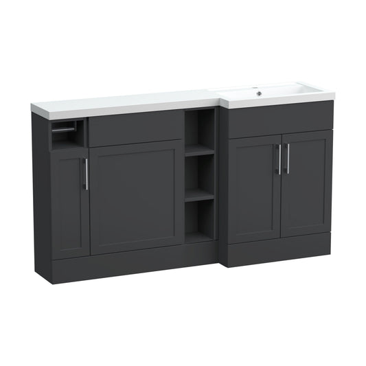 [BFFHR1411R] Pirehill Traditional Floor Standing 3 Door, Open Shelf Vanity Basin WC Unit with Toilet Roll Holder and Polymarble Basin, 1500mm, Right Hand, Dark Grey - Cutout