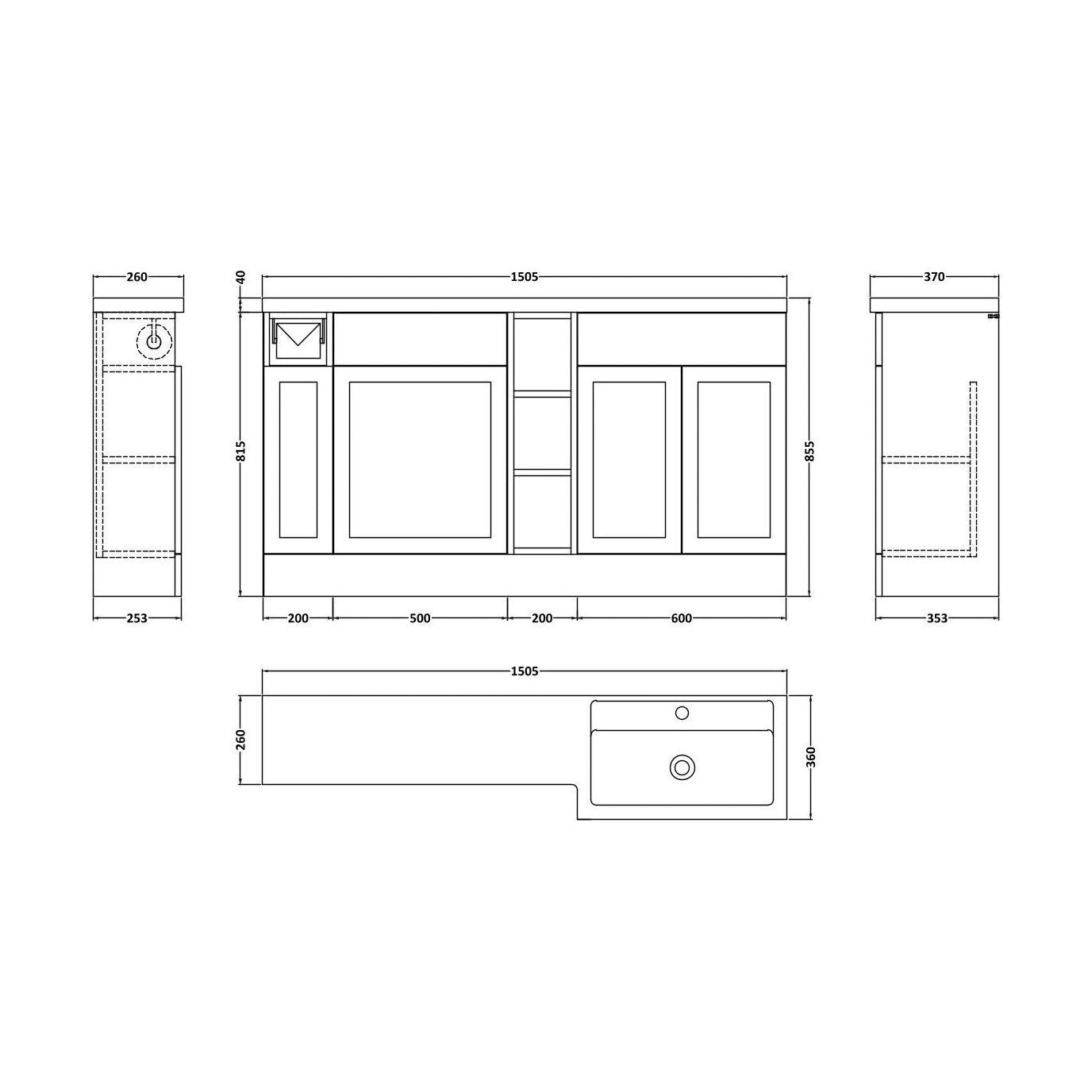 [BFFHR1411R] Pirehill Traditional Floor Standing 3 Door, Open Shelf Vanity Basin WC Unit with Toilet Roll Holder and Polymarble Basin, 1500mm, Right Hand, Dark Grey - Technical Drawing