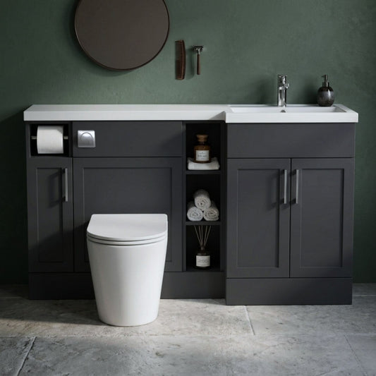 [BFFHR1411R] Pirehill Traditional Floor Standing 3 Door, Open Shelf Vanity Basin WC Unit with Toilet Roll Holder and Polymarble Basin, 1500mm, Right Hand, Dark Grey - Silo