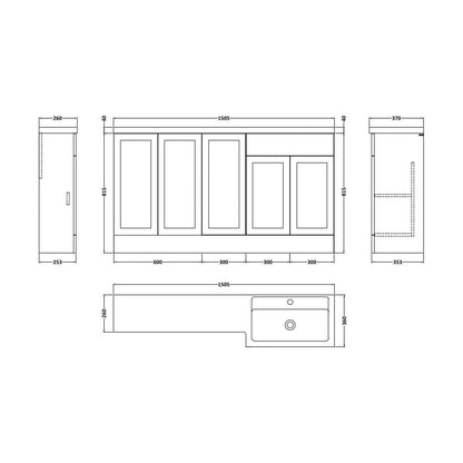 [BFFHR1412R] Pirehill Traditional Floor Standing 5 Door Combination Vanity Basin Unit with Polymarble Basin, 1500mm, Right Hand, Dark Grey - Technical Drawing