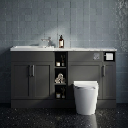 [BFFHR1413] Pirehill Traditional Floor Standing Compact 3 Door Vanity Basin WC Combination Unit with Basin and Worktop, 1500mm, Dark Grey - Silo