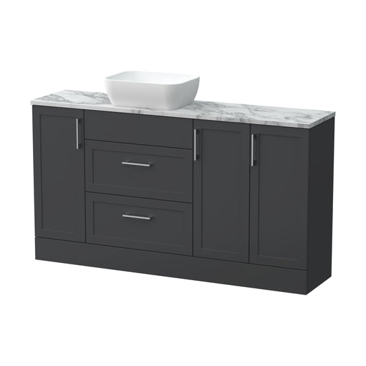 [BFFHR1414] Pirehill Traditional Floor Standing 2 Drawer 3 Door Combination Vanity Basin Unit with Worktop and Countertop Vessel, 1500mm, Dark Grey - Cutout