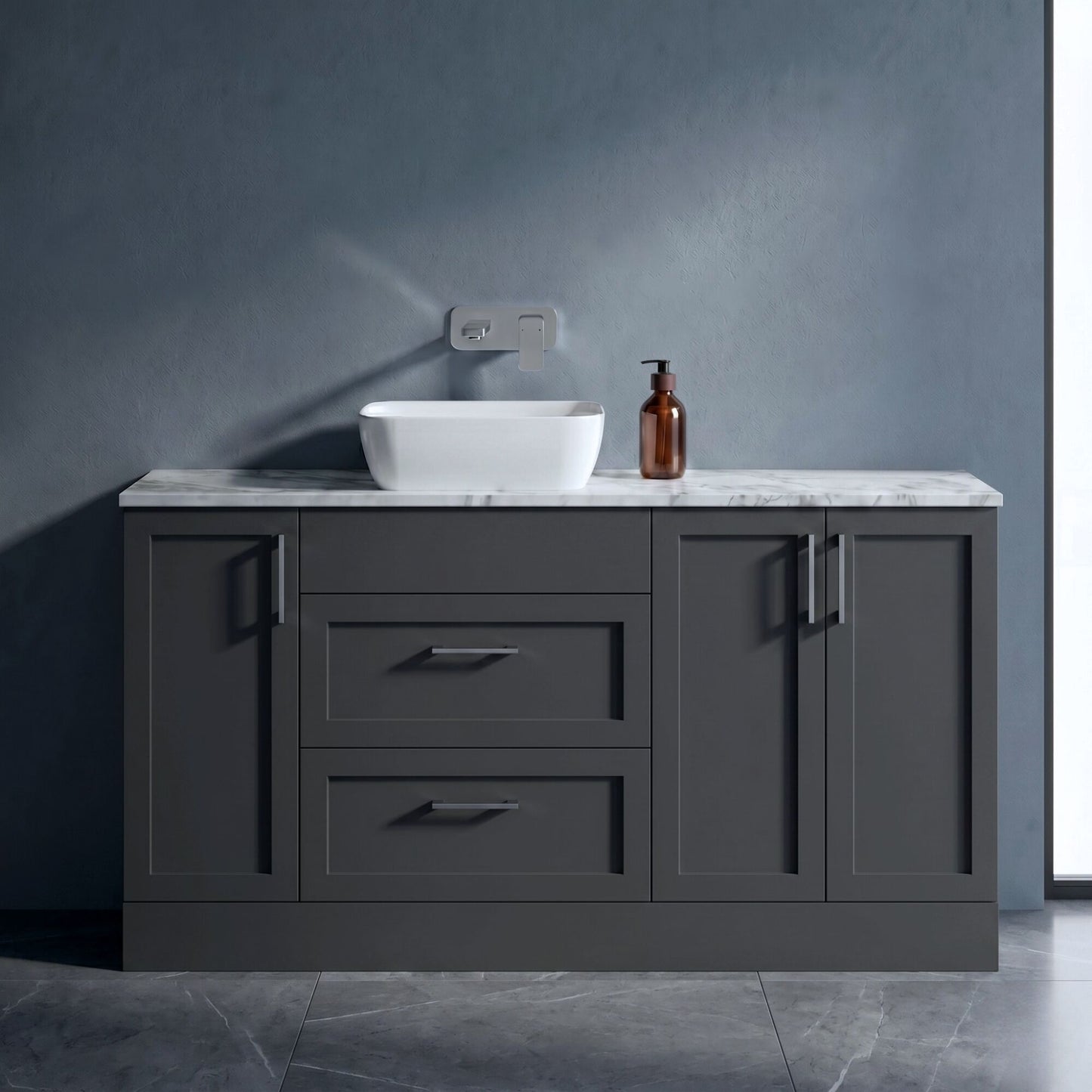 [BFFHR1414] Pirehill Traditional Floor Standing 2 Drawer 3 Door Combination Vanity Basin Unit with Worktop and Countertop Vessel, 1500mm, Dark Grey - Silo