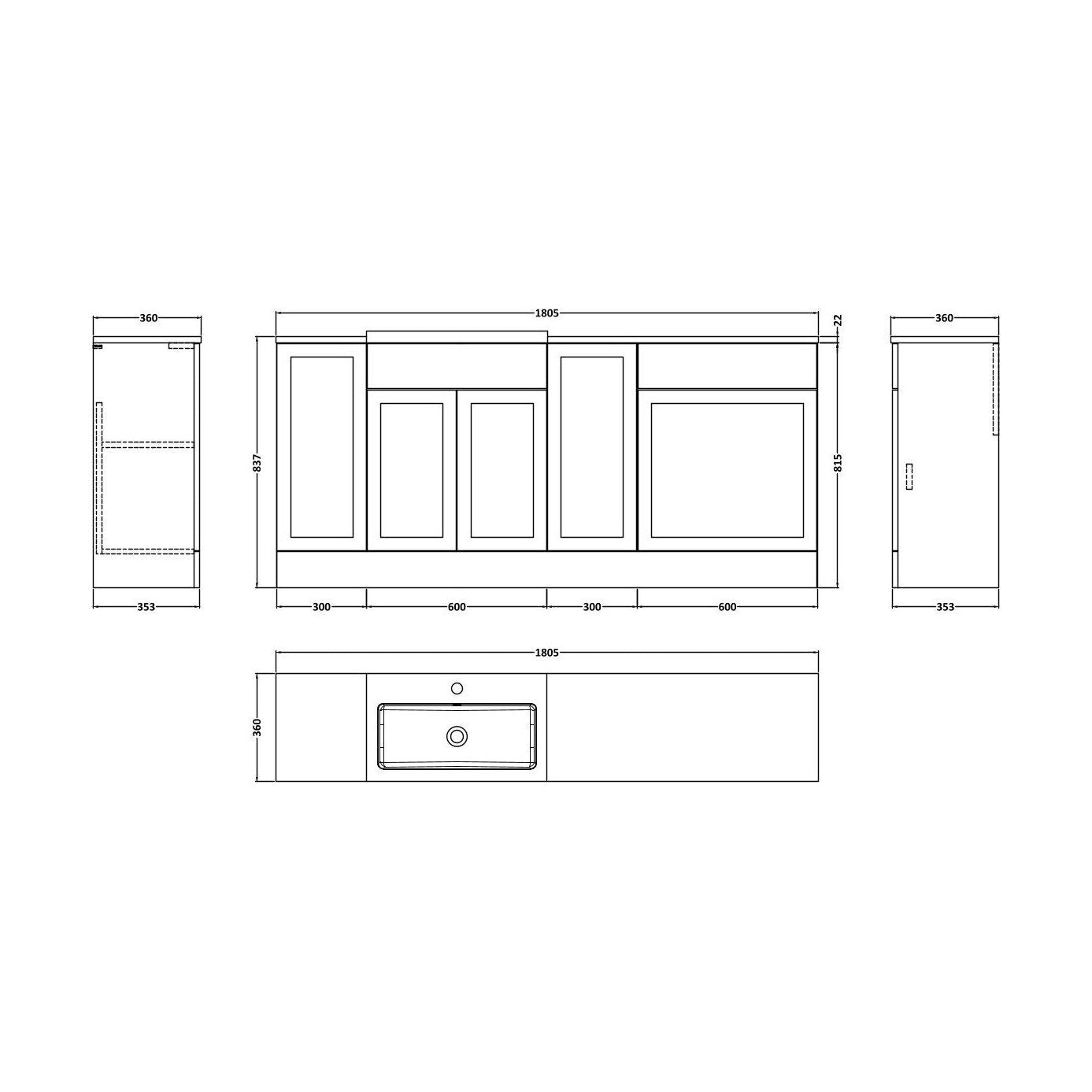 [BFFHR1415] Pirehill Traditional Floor Standing 4 Door Vanity Basin WC Unit with Polymarble Basin and Laminate Worktop, 1800mm, Dark Grey - Technical Drawing