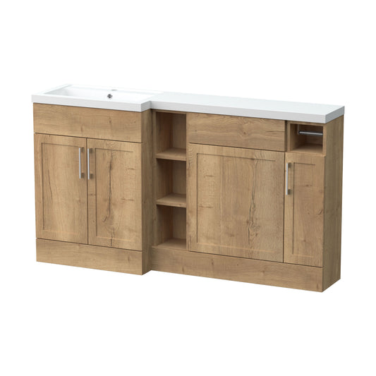 [BFFHR1811L] Pirehill Traditional Floor Standing 3 Door, Open Shelf Vanity Basin WC Unit with Toilet Roll Holder and Polymarble Basin, 1500mm, Left Hand, Autumn Oak - Cutout