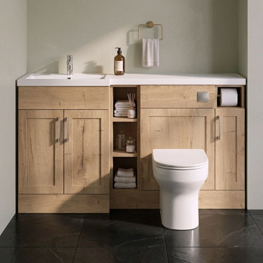 [BFFHR1811L] Pirehill Traditional Floor Standing 3 Door, Open Shelf Vanity Basin WC Unit with Toilet Roll Holder and Polymarble Basin, 1500mm, Left Hand, Autumn Oak - Silo