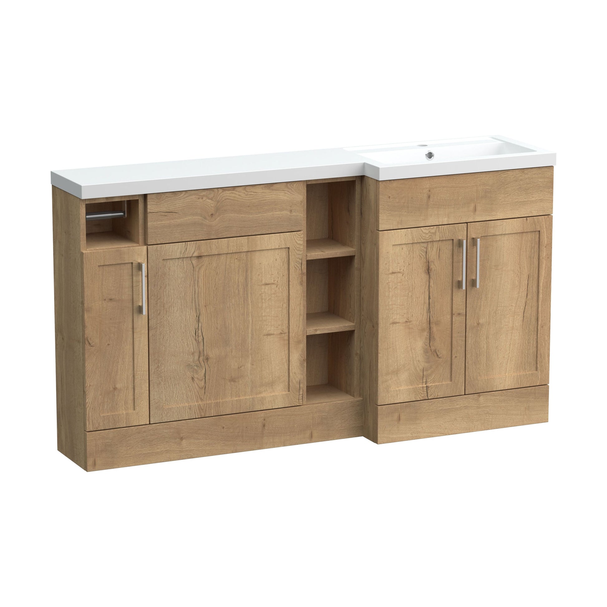 [BFFHR1811R] Pirehill Traditional Floor Standing 3 Door, Open Shelf Vanity Basin WC Unit with Toilet Roll Holder and Polymarble Basin, 1500mm, Right Hand, Autumn Oak - Cutout