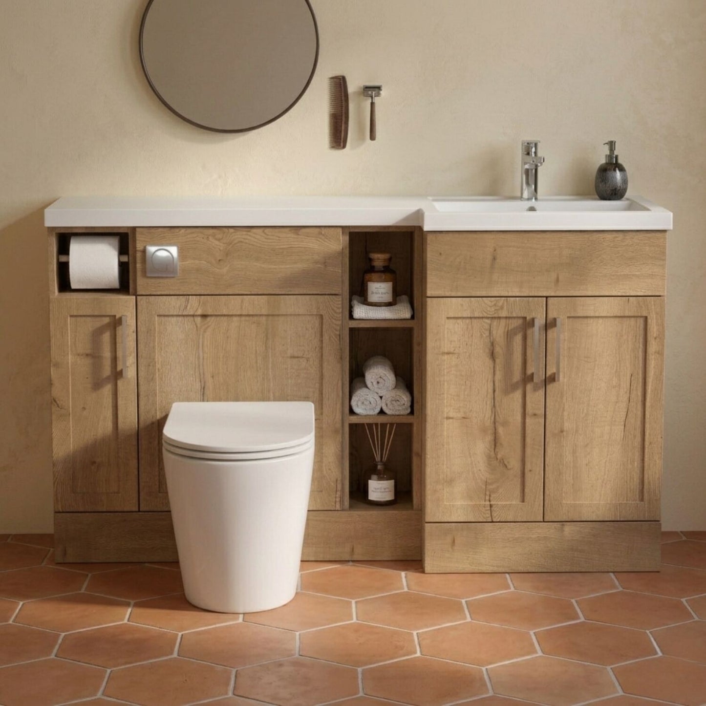 [BFFHR1811R] Pirehill Traditional Floor Standing 3 Door, Open Shelf Vanity Basin WC Unit with Toilet Roll Holder and Polymarble Basin, 1500mm, Right Hand, Autumn Oak - Silo