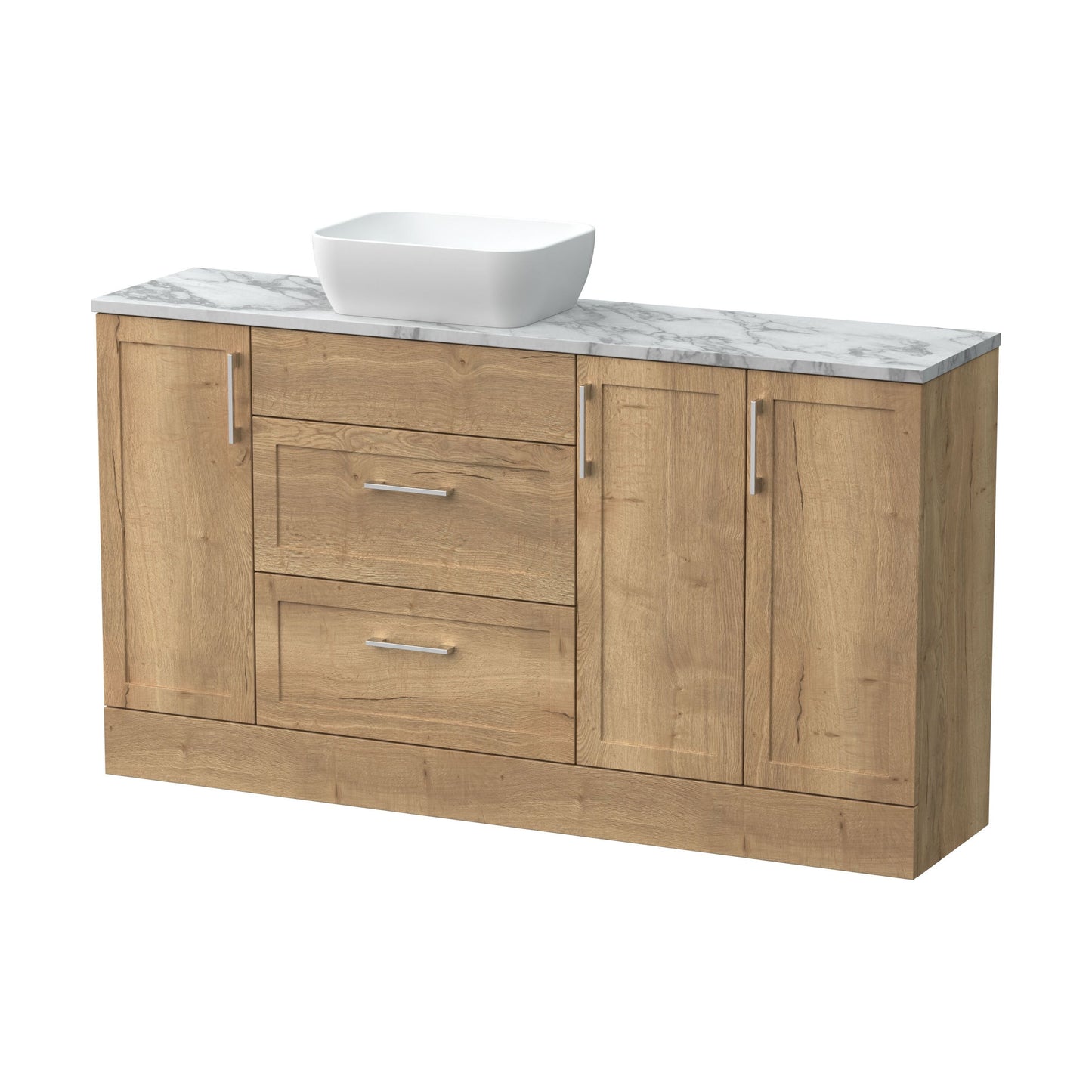 [BFFHR1814] Pirehill Traditional Floor Standing 2 Drawer 3 Door Combination Vanity Basin Unit with Worktop and Countertop Vessel, 1500mm, Autumn Oak - Cutout