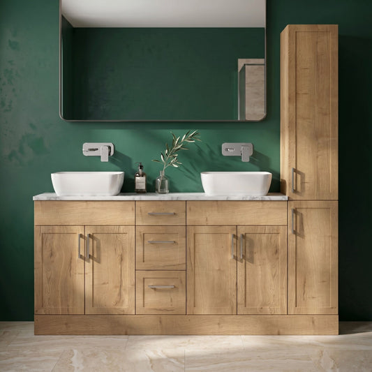 [BFFHR1816] Pirehill Floor Standing 4 Door 3 Drawer Vanity Combination Unit with Tall Unit, Laminate Worktop and Countertop Vessel, 1800mm, Autumn Oak - Silo