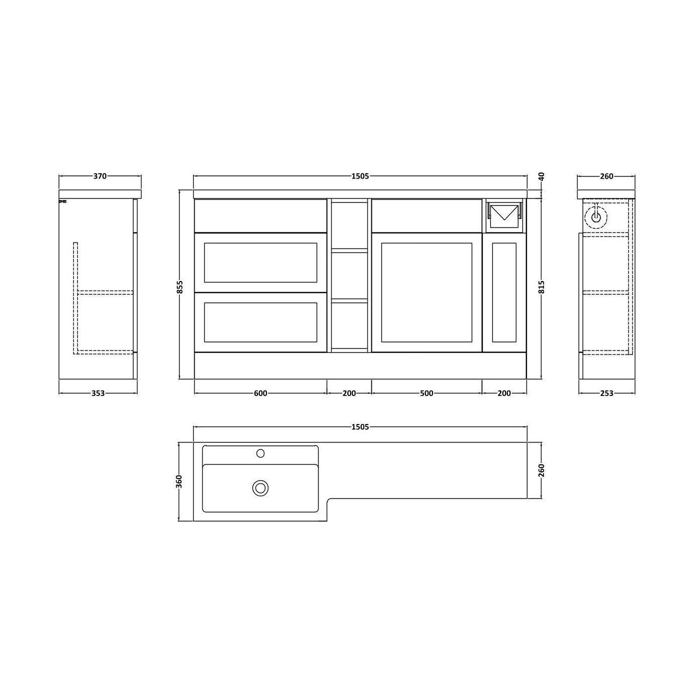 [BFFHR3111L] Pirehill Traditional Floor Standing 3 Door, Open Shelf Vanity Basin WC Unit with Toilet Roll Holder and Polymarble Basin, 1500mm, Left Hand, Fern Green - Technical Drawing