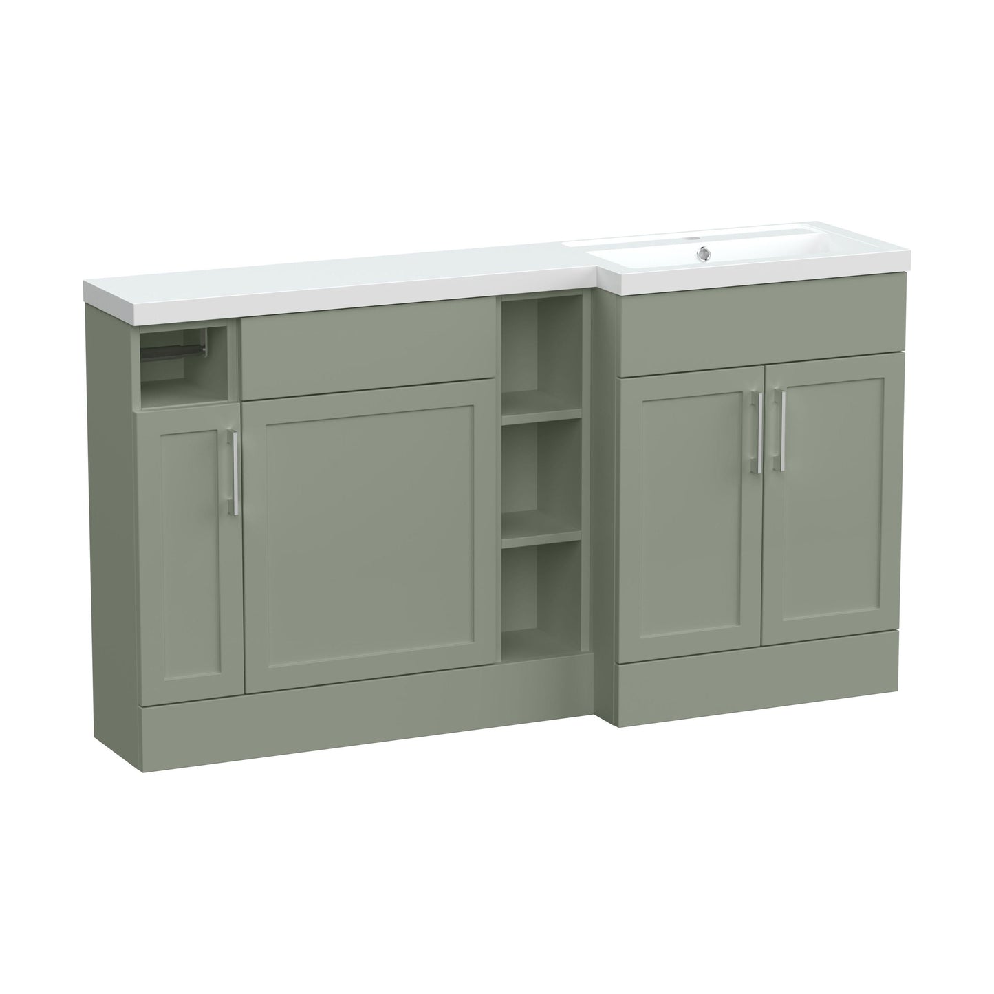 [BFFHR3111R] Pirehill Traditional Floor Standing 3 Door, Open Shelf Vanity Basin WC Unit with Toilet Roll Holder and Polymarble Basin, 1500mm, Right Hand, Fern Green - Cutout