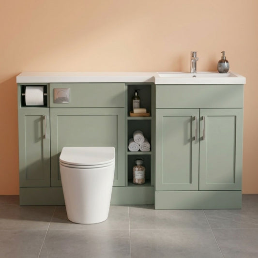 [BFFHR3111R] Pirehill Traditional Floor Standing 3 Door, Open Shelf Vanity Basin WC Unit with Toilet Roll Holder and Polymarble Basin, 1500mm, Right Hand, Fern Green - Silo
