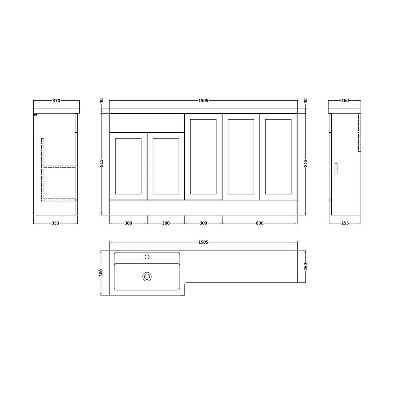 [BFFHR3112L] Pirehill Traditional Floor Standing 5 Door Combination Vanity Basin Unit with Polymarble Basin, 1500mm, Left Hand, Fern Green - Technical Drawing