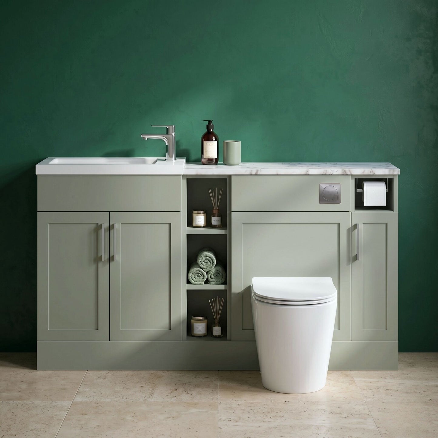 [BFFHR3113] Pirehill Traditional Floor Standing Compact 3 Door Vanity Basin WC Combination Unit with Basin and Worktop, 1500mm, Fern Green - Silo