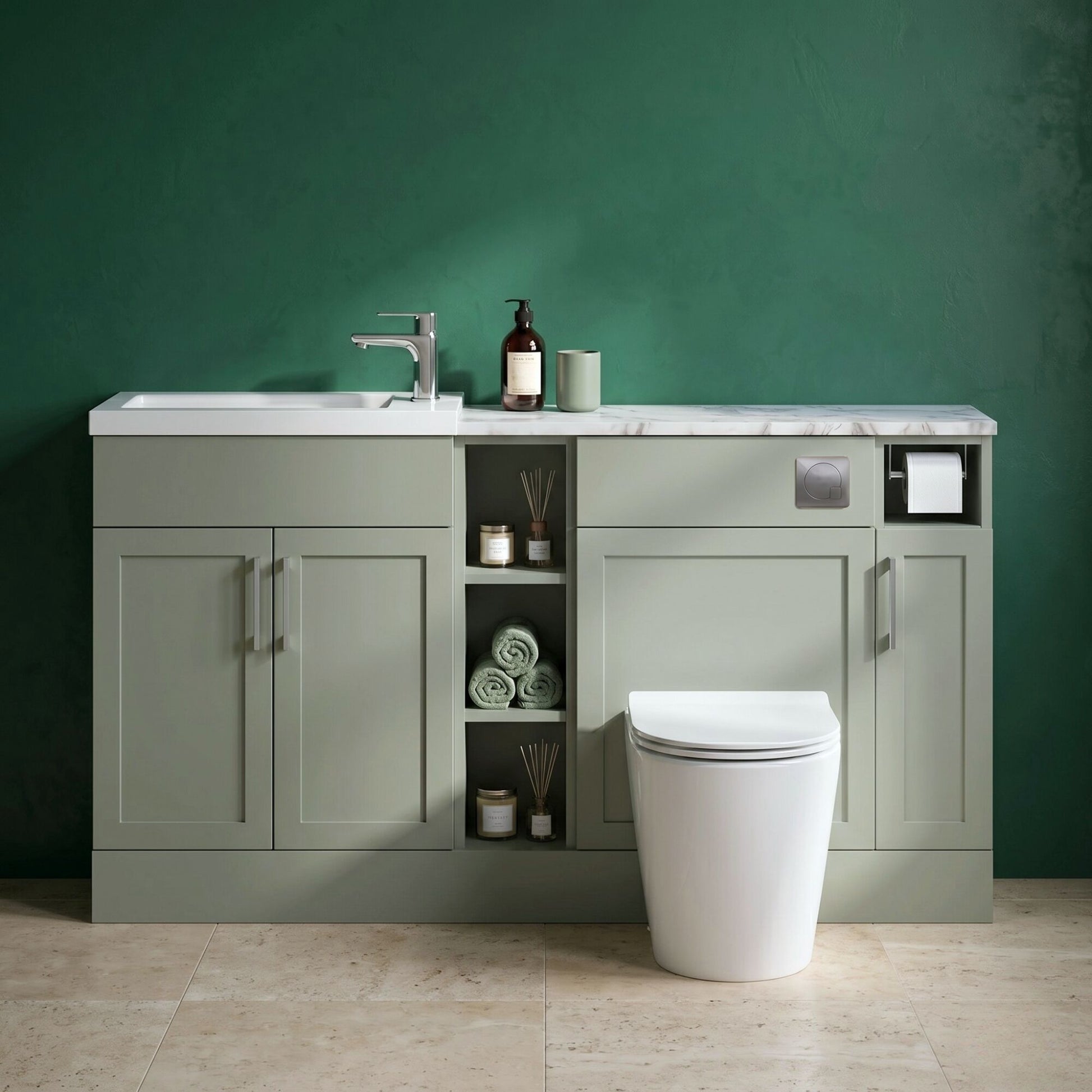 [BFFHR3113] Pirehill Traditional Floor Standing Compact 3 Door Vanity Basin WC Combination Unit with Basin and Worktop, 1500mm, Fern Green - Silo