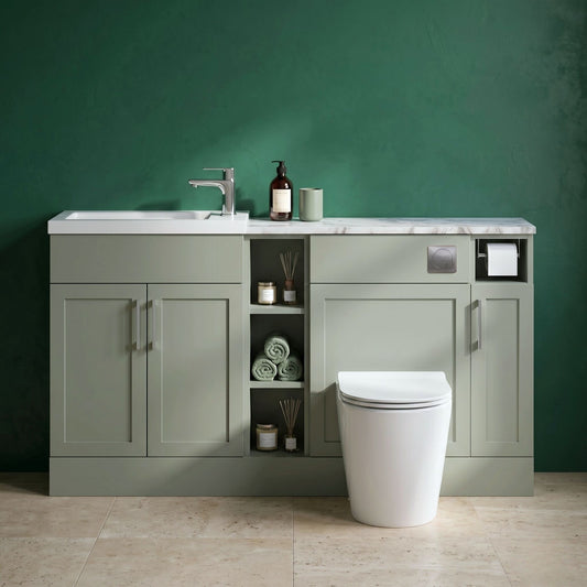 [BFFHR3113] Pirehill Traditional Floor Standing Compact 3 Door Vanity Basin WC Combination Unit with Basin and Worktop, 1500mm, Fern Green - Silo