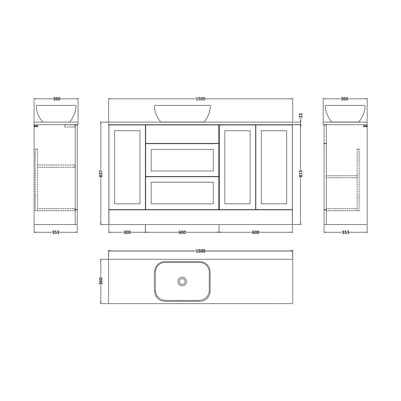 [BFFHR3114] Pirehill Traditional Floor Standing 2 Drawer 3 Door Combination Vanity Basin Unit with Worktop and Countertop Vessel, 1500mm, Fern Green - Technical Drawing