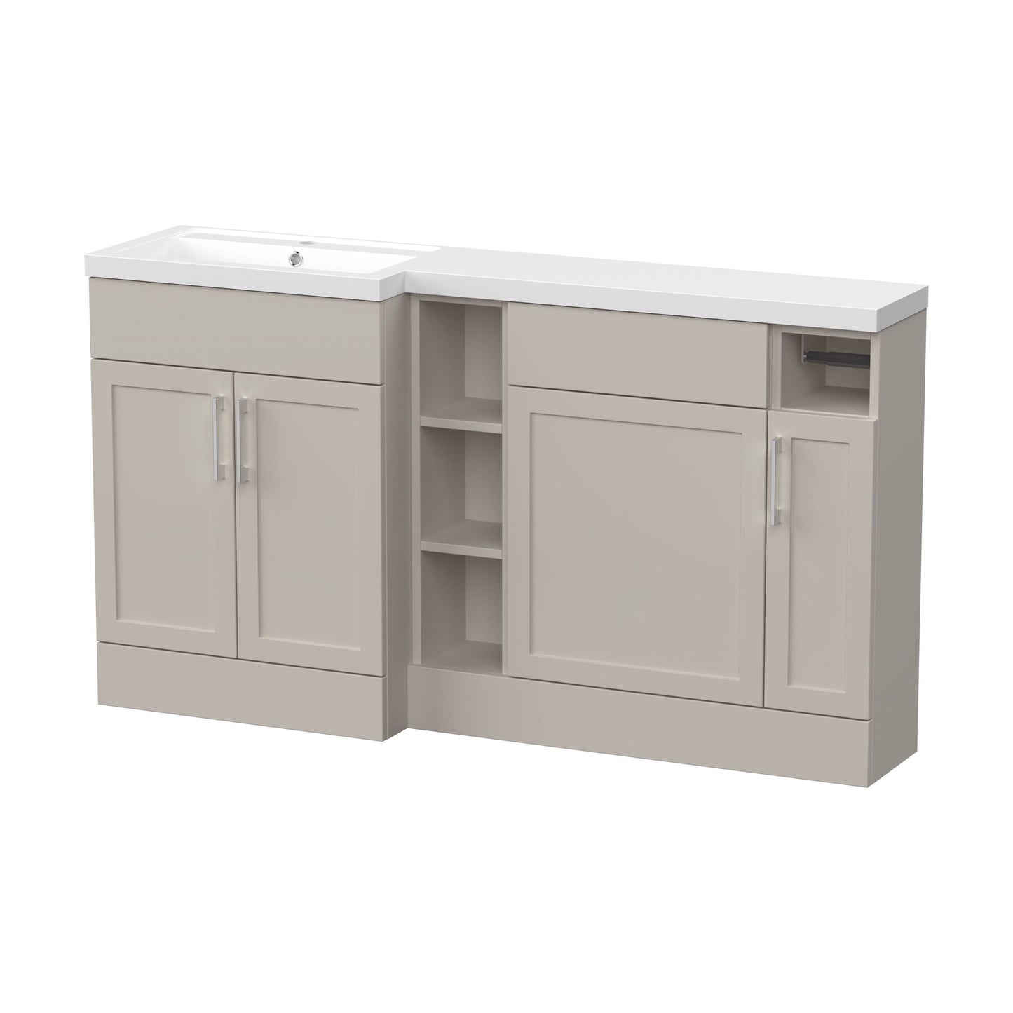 [BFFHR3211L] Pirehill Traditional Floor Standing 3 Door, Open Shelf Vanity Basin WC Unit with Toilet Roll Holder and Polymarble Basin, 1500mm, Left Hand, Pebble Grey - Cutout