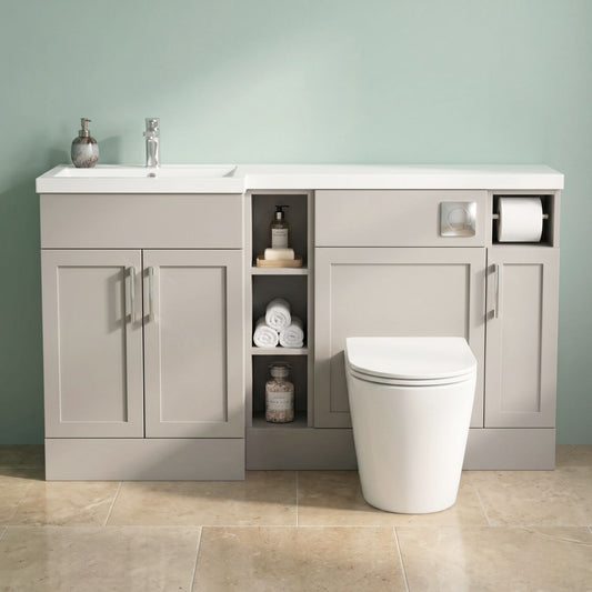 [BFFHR3211L] Pirehill Traditional Floor Standing 3 Door, Open Shelf Vanity Basin WC Unit with Toilet Roll Holder and Polymarble Basin, 1500mm, Left Hand, Pebble Grey - Silo