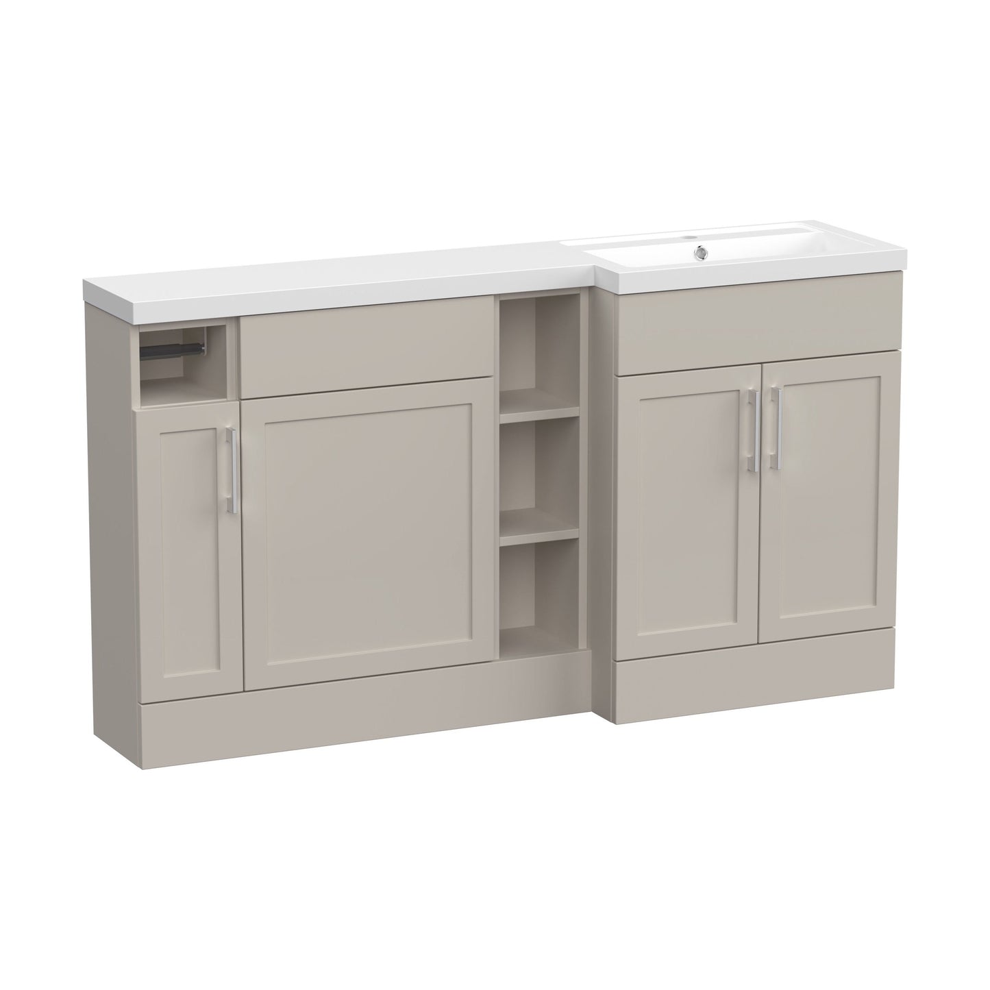 [BFFHR3211R] Pirehill Traditional Floor Standing 3 Door, Open Shelf Vanity Basin WC Unit with Toilet Roll Holder and Polymarble Basin, 1500mm, Right Hand, Pebble Grey - Cutout