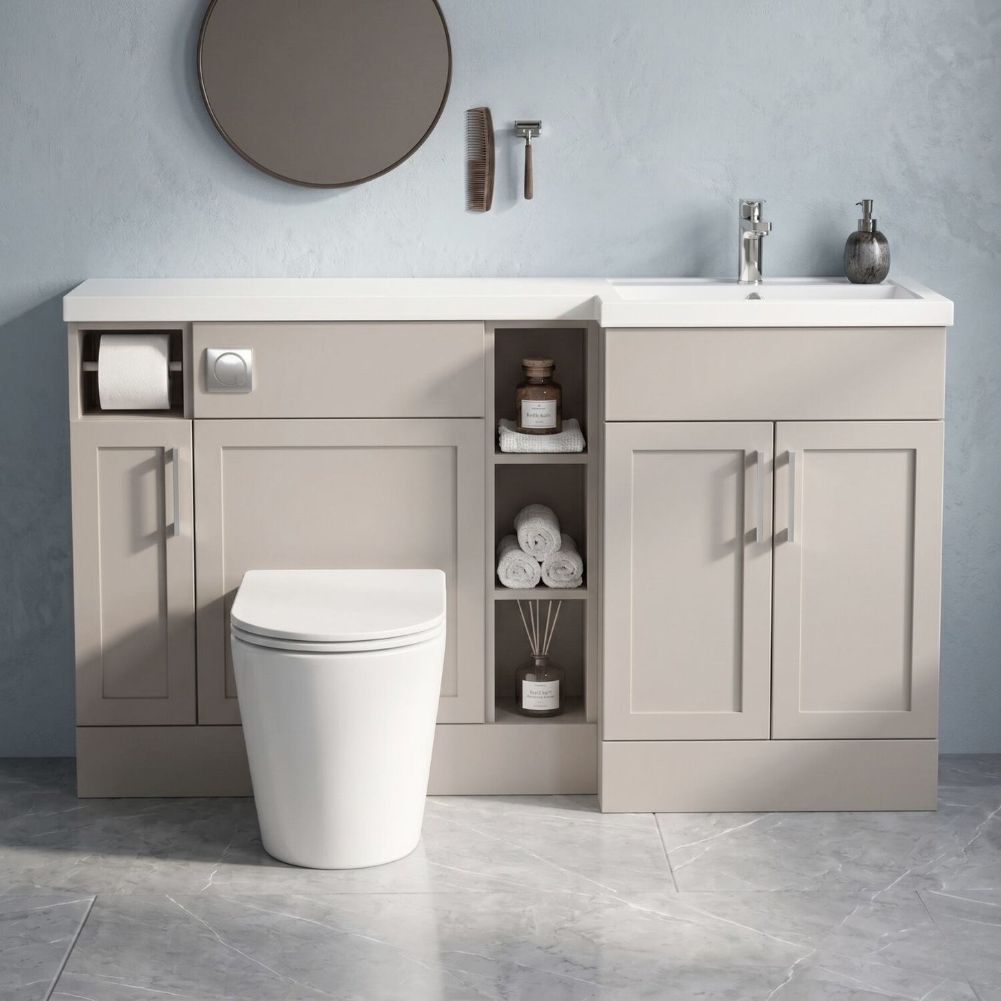 [BFFHR3211R] Pirehill Traditional Floor Standing 3 Door, Open Shelf Vanity Basin WC Unit with Toilet Roll Holder and Polymarble Basin, 1500mm, Right Hand, Pebble Grey - Silo