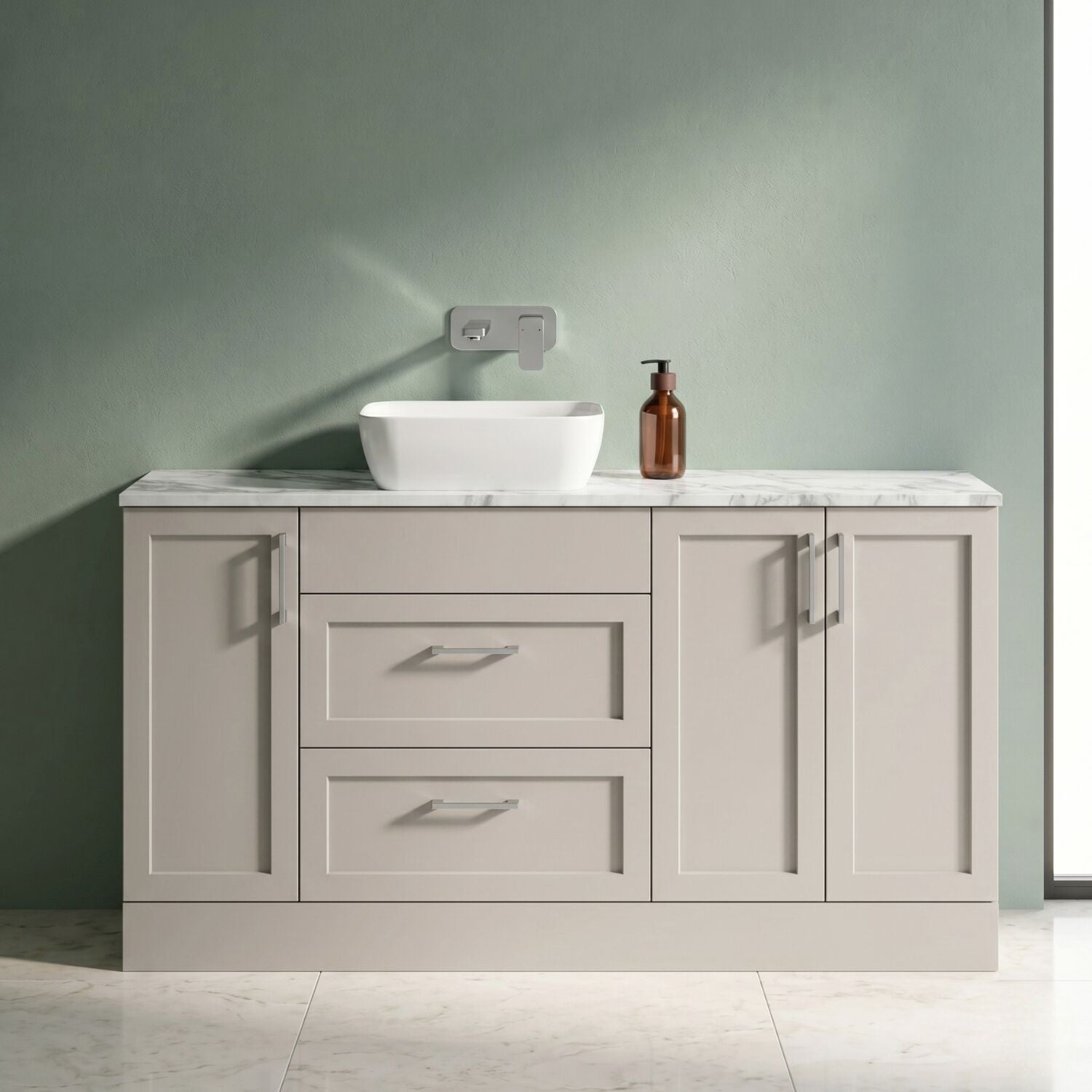 [BFFHR3214] Pirehill Traditional Floor Standing 2 Drawer 3 Door Combination Vanity Basin Unit with Worktop and Countertop Vessel, 1500mm, Pebble Grey - Silo