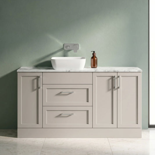 [BFFHR3214] Pirehill Traditional Floor Standing 2 Drawer 3 Door Combination Vanity Basin Unit with Worktop and Countertop Vessel, 1500mm, Pebble Grey - Silo