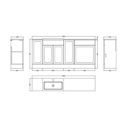 [BFFHR3215] Pirehill Traditional Floor Standing 4 Door Vanity Basin WC Unit with Polymarble Basin and Laminate Worktop, 1800mm, Pebble Grey - Technical Drawing