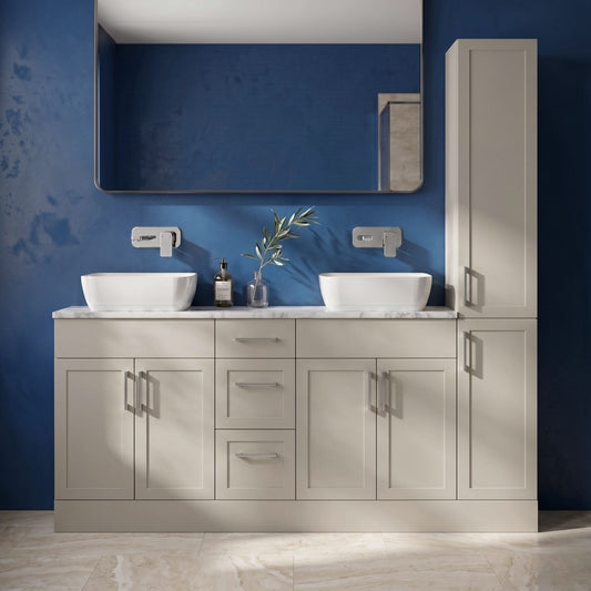 [BFFHR3216] Pirehill Floor Standing 4 Door 3 Drawer Vanity Combination Unit with Tall Unit, Laminate Worktop and Countertop Vessel, 1800mm, Pebble Grey - Silo