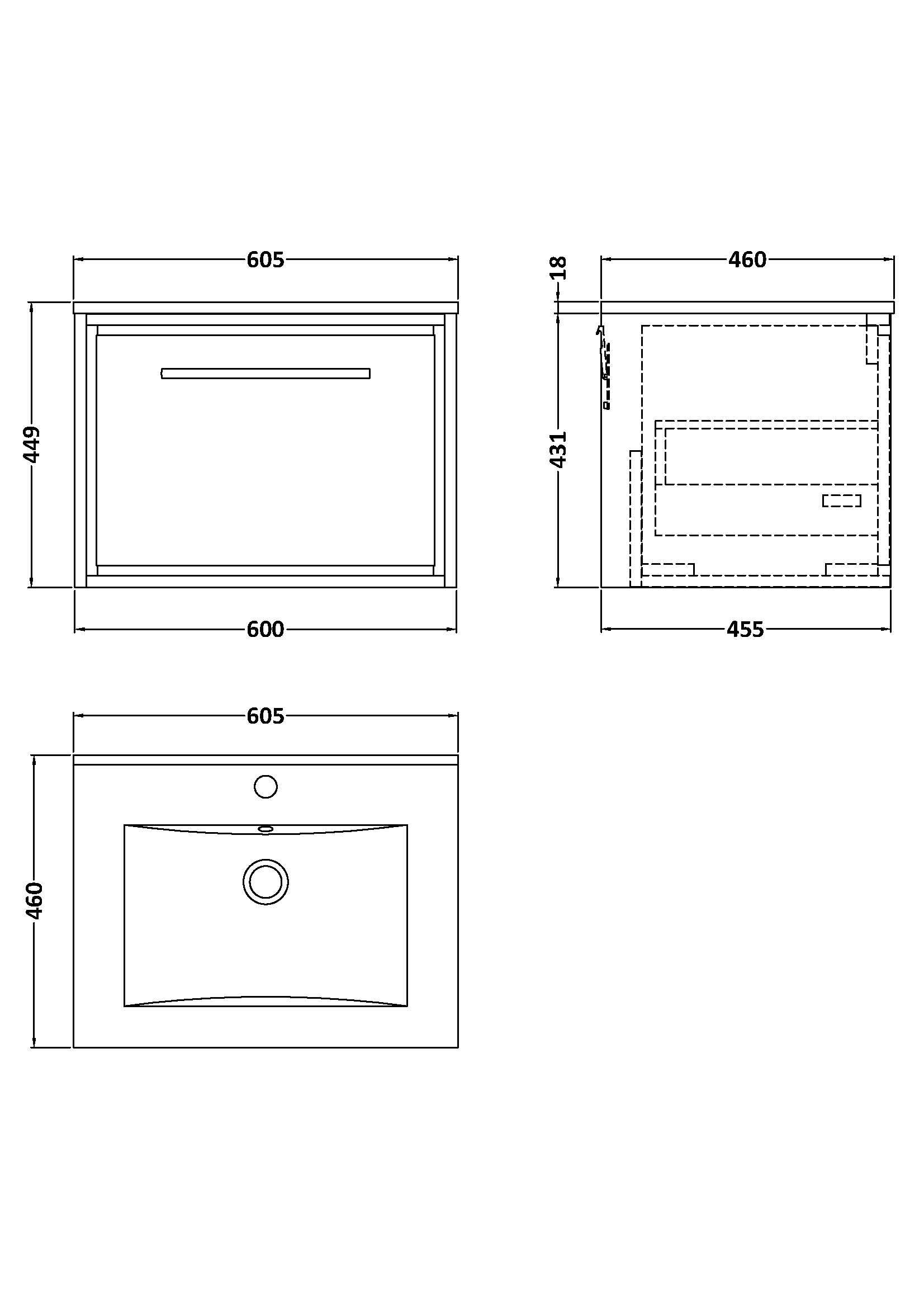 [BFFL3222C] Longnor Modern Bathroom Wall Hung Single Drawer Vanity Unit & Basin, Choice of Size and Colour - Technical Drawing