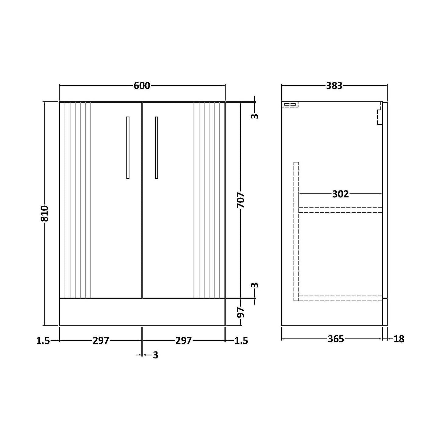 [BFFL325] 600 F/S 2-Door Basin Unit - Technical Drawing