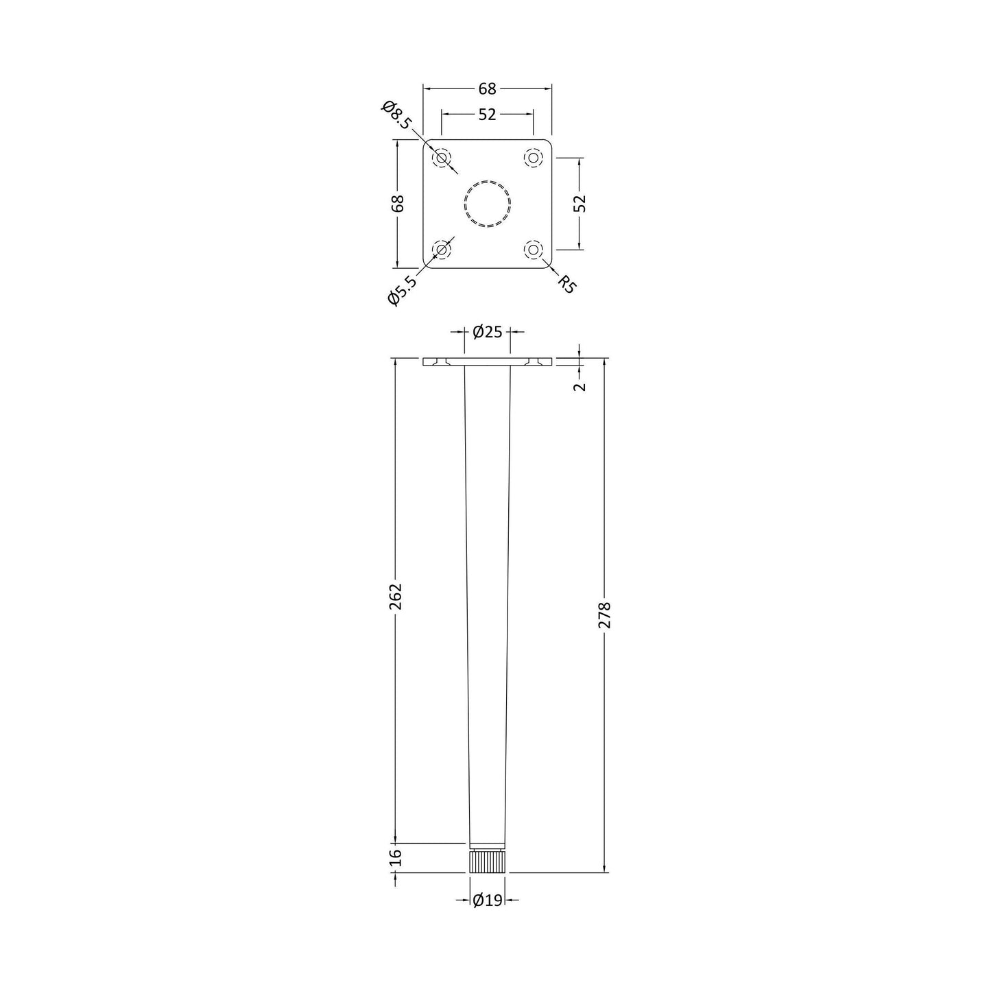 [BFFL826] 260mm Decorative Leg Set (Pair) - Technical Drawing