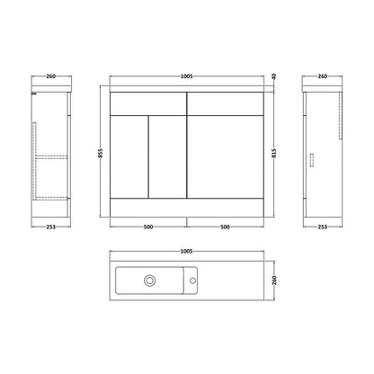[BFFLR101] Wichnor Contemporary Compact Floor Standing 2 Door Vanity Basin WC Unit with Polymarble Basin, 1000mm, Matt White - Technical Drawing