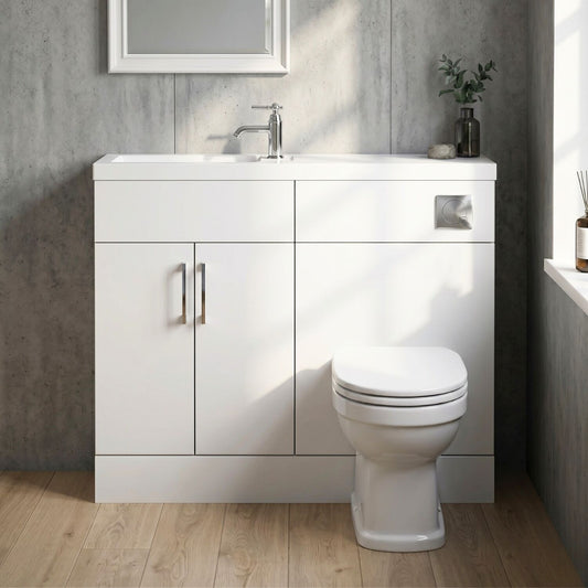 [BFFLR101] Wichnor Contemporary Compact Floor Standing 2 Door Vanity Basin WC Unit with Polymarble Basin, 1000mm, Matt White - Silo