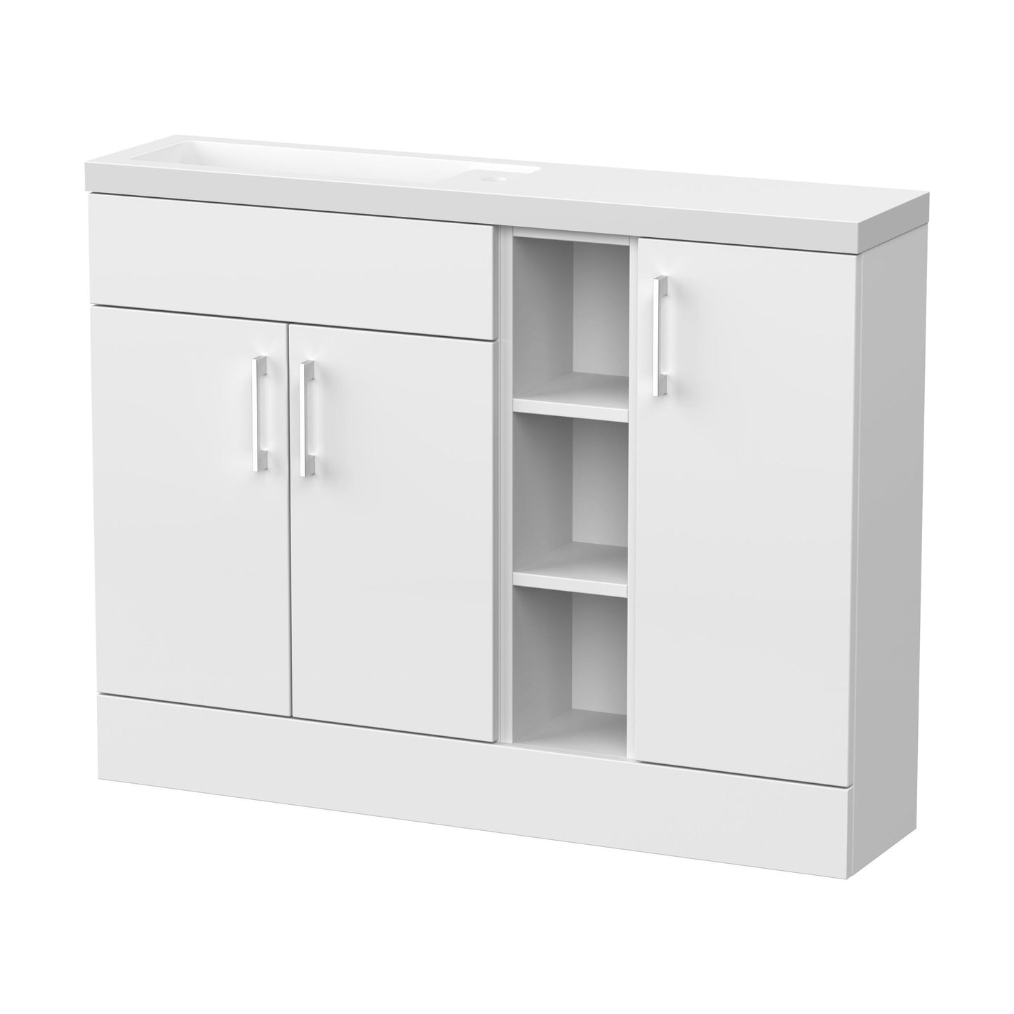 [BFFLR102] Wichnor Contemporary Floor Standing Compact 3 Door Combination Vanity Basin Unit with Open Shelves and Polymarble Basin, 1100mm, Matt White - Cutout