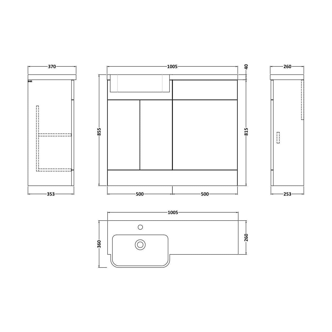 [BFFLR104L] Wichnor Contemporary Floor Standing Compact 2 Door Combination Vanity Basin WC Unit with Polymarble Basin, 1000mm, Left Hand, Matt White - Technical Drawing