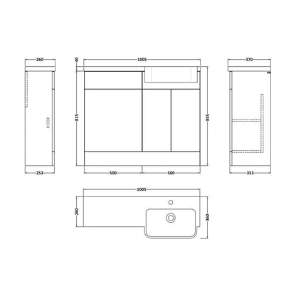 [BFFLR104R] Wichnor Contemporary Floor Standing Compact 2 Door Combination Vanity Basin WC Unit with Polymarble Basin, 1000mm, Right Hand, Matt White - Technical Drawing