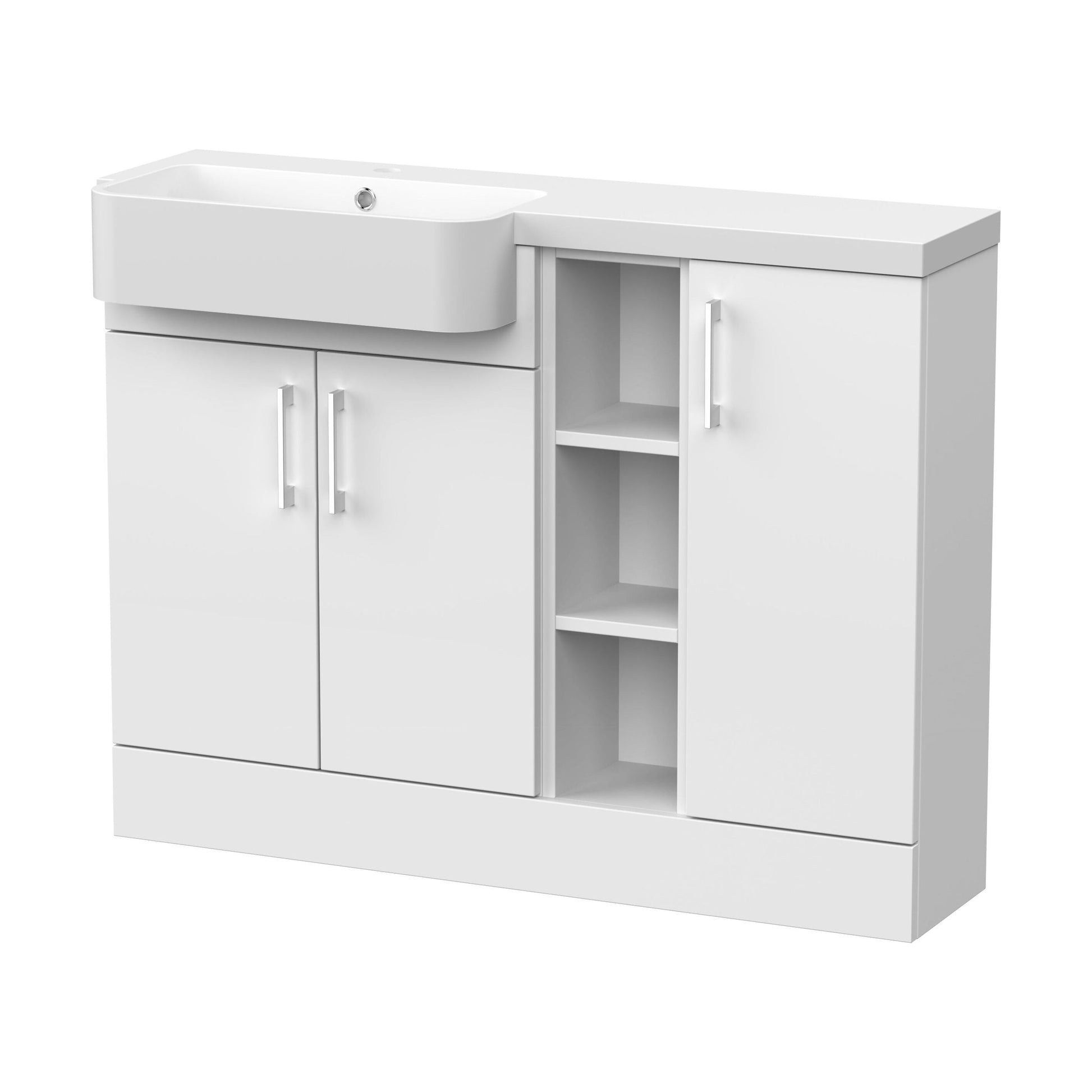 [BFFLR105L] Wichnor Contemporary Floor Standing Compact 3 Door Combination Vanity Basin Unit with Open Shelves and Polymarble Basin, 1100mm, Left Hand, Matt White - Cutout
