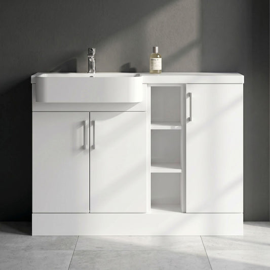 [BFFLR105L] Wichnor Contemporary Floor Standing Compact 3 Door Combination Vanity Basin Unit with Open Shelves and Polymarble Basin, 1100mm, Left Hand, Matt White - Silo