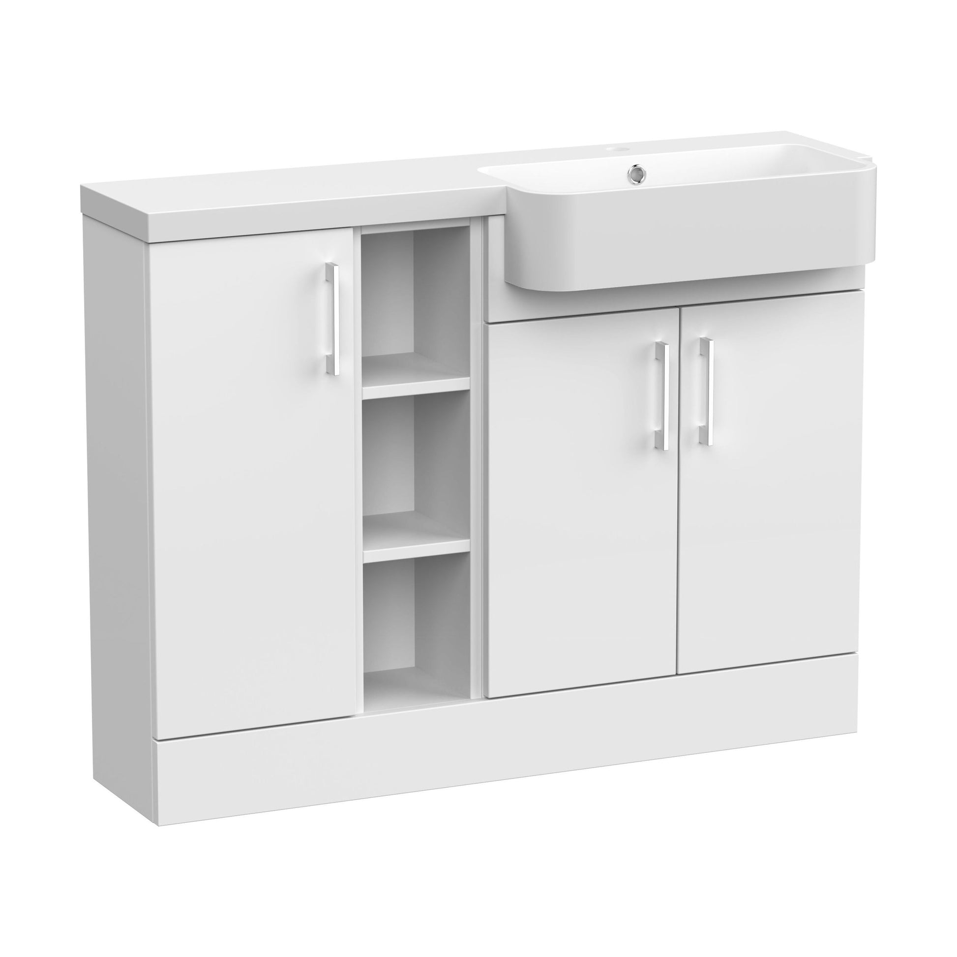 [BFFLR105R] Wichnor Contemporary Floor Standing Compact 3 Door Combination Vanity Basin Unit with Open Shelves and Polymarble Basin, 1100mm, Right Hand, Matt White - Cutout